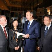 Co-authors of DOING BUSINESS WITH CHINA: THE IRISH ADVANTAGE AND CHALLENGE Cathal McSwiney Brugha, Lan Li and Liming Wang with Micheal Martin TD, leader of Fianna Fail, at the launch of the book in UCD, 27 September 2016